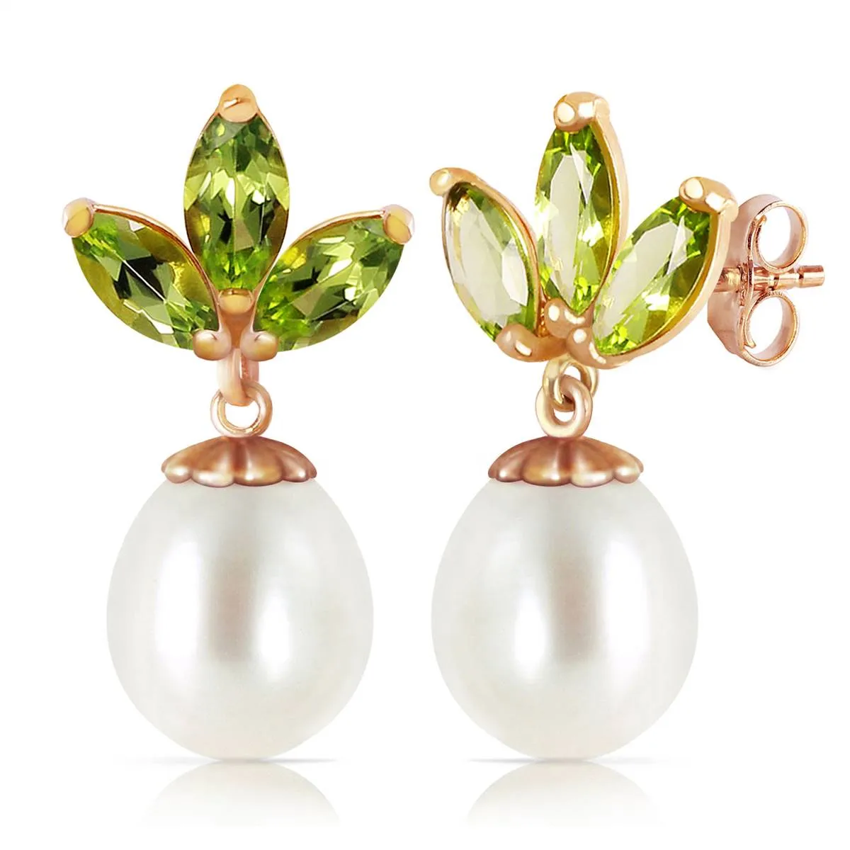 14K Solid Rose Gold Dangling Earrings w/ Pearls & Peridots