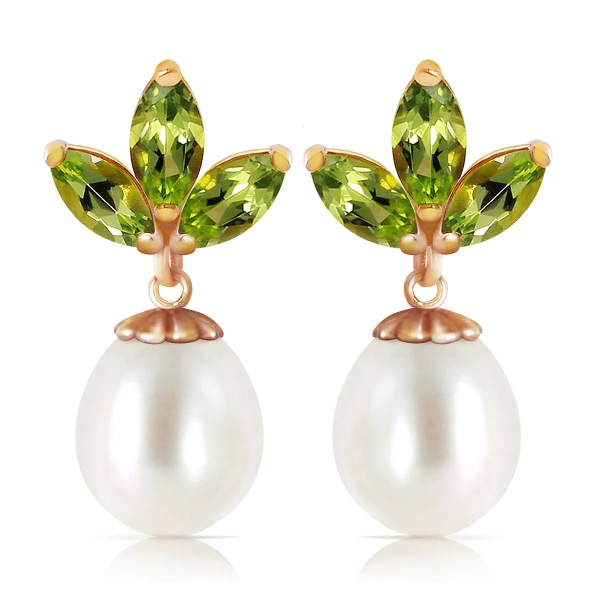 14K Solid Rose Gold Dangling Earrings w/ Pearls & Peridots