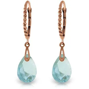 14K Solid Rose Gold Leverback Earrings Briolette Blue Topaz