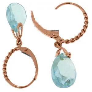 14K Solid Rose Gold Leverback Earrings Briolette Blue Topaz