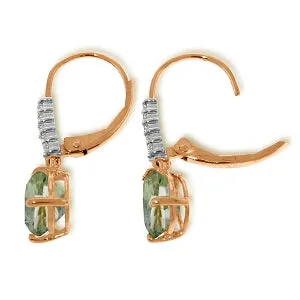 14K Solid Rose Gold Leverback Earrings Diamond & Green Amethyst Gemstone