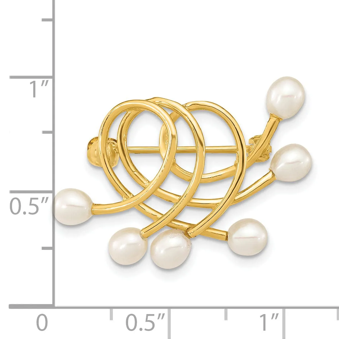 14K Yellow Gold Polished Finish Women's  4-5 mm Size White Freshwater Cultured Swirling Design Brooch Pin