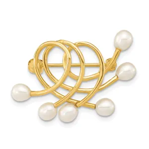 14K Yellow Gold Polished Finish Women's  4-5 mm Size White Freshwater Cultured Swirling Design Brooch Pin