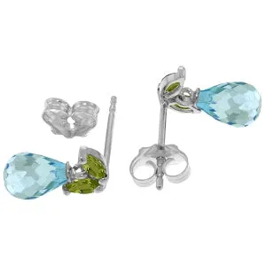 3.4 Carat 14K Solid White Gold Stud Earrings Peridot Blue Topaz