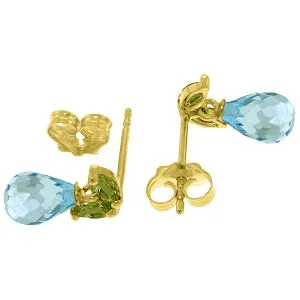 3.4 Carat 14K Solid Yellow Gold Stud Earrings Peridot Blue Topaz