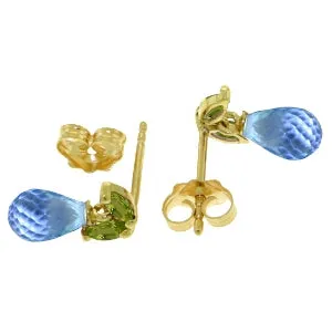 3.4 Carat 14K Solid Yellow Gold Stud Earrings Peridot Blue Topaz