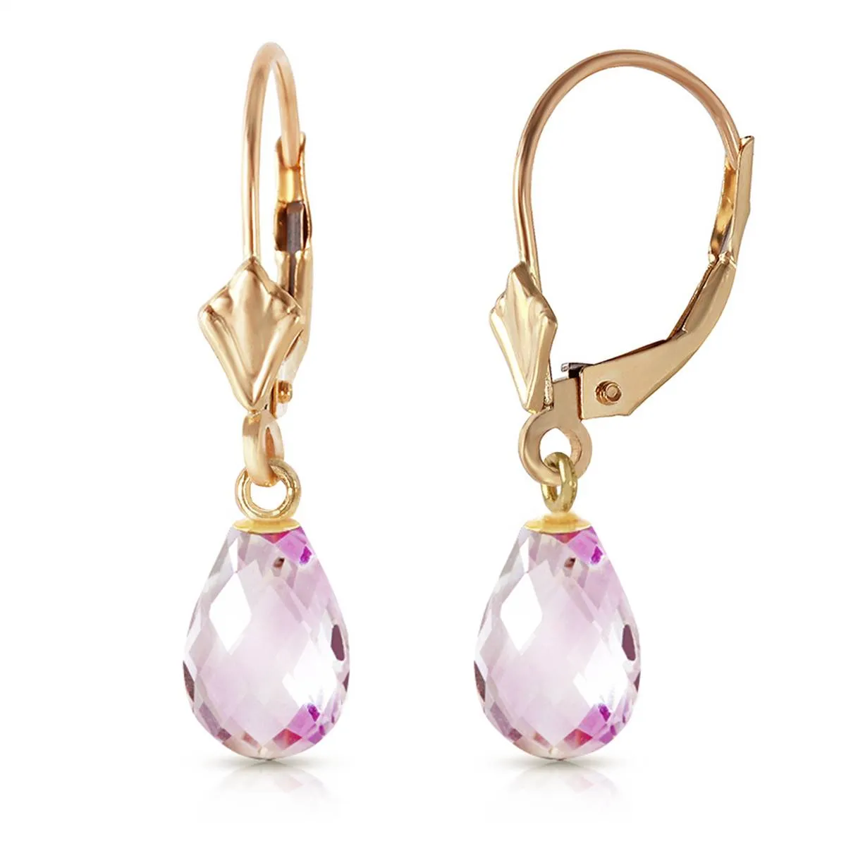 4.5 Carat 14K Solid Yellow Gold Leverback Earrings Briolette Pink Topaz