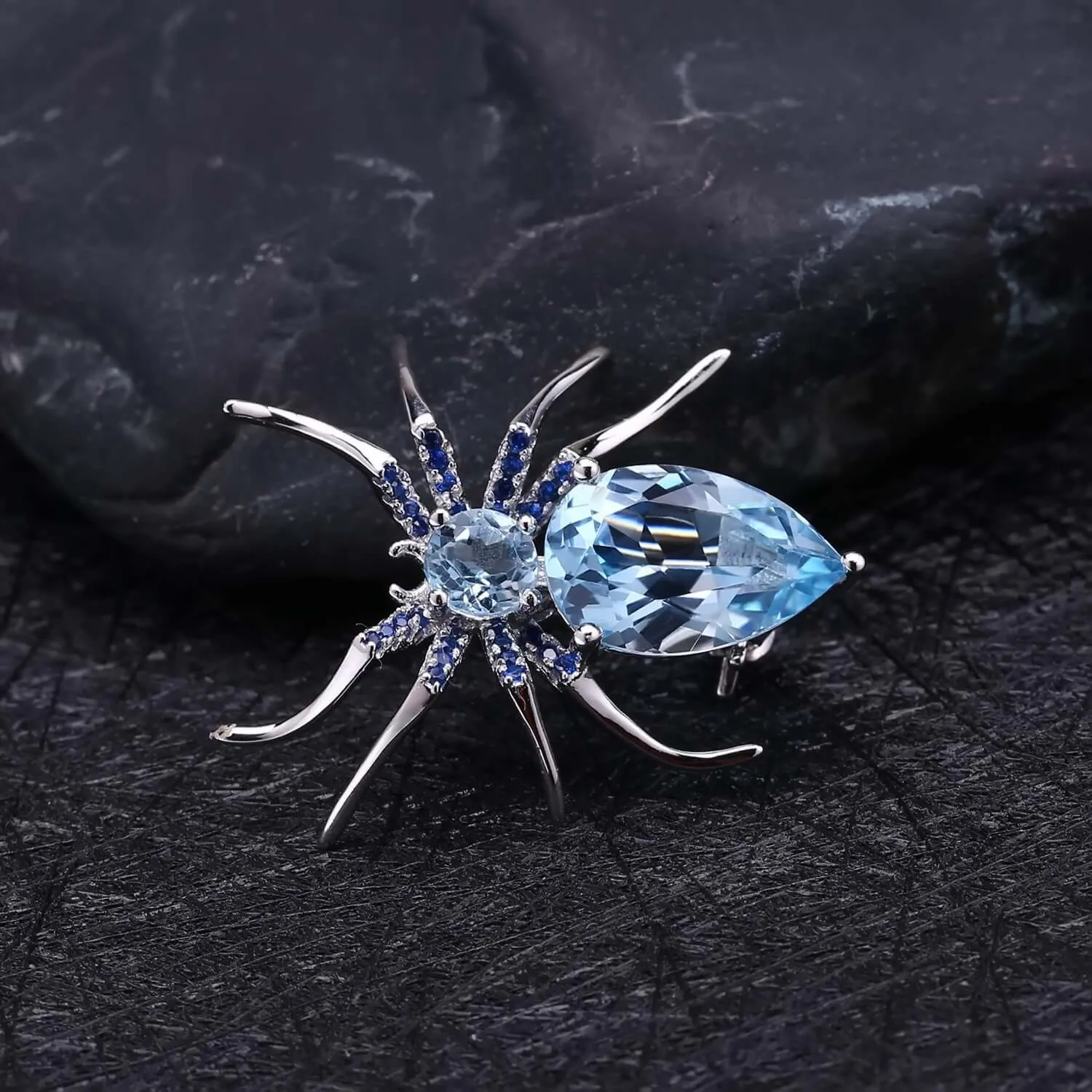 925 Silver Blue Topaz Spider Brooch