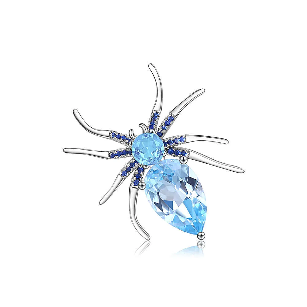 925 Silver Blue Topaz Spider Brooch