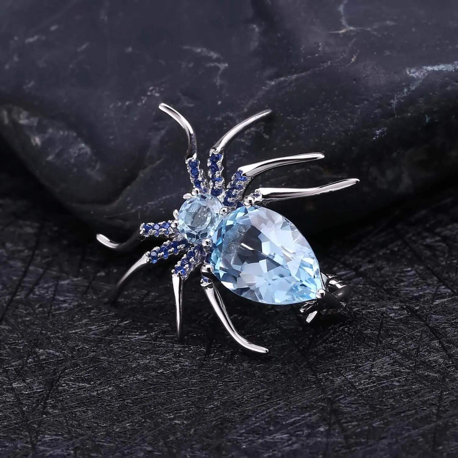 925 Silver Blue Topaz Spider Brooch