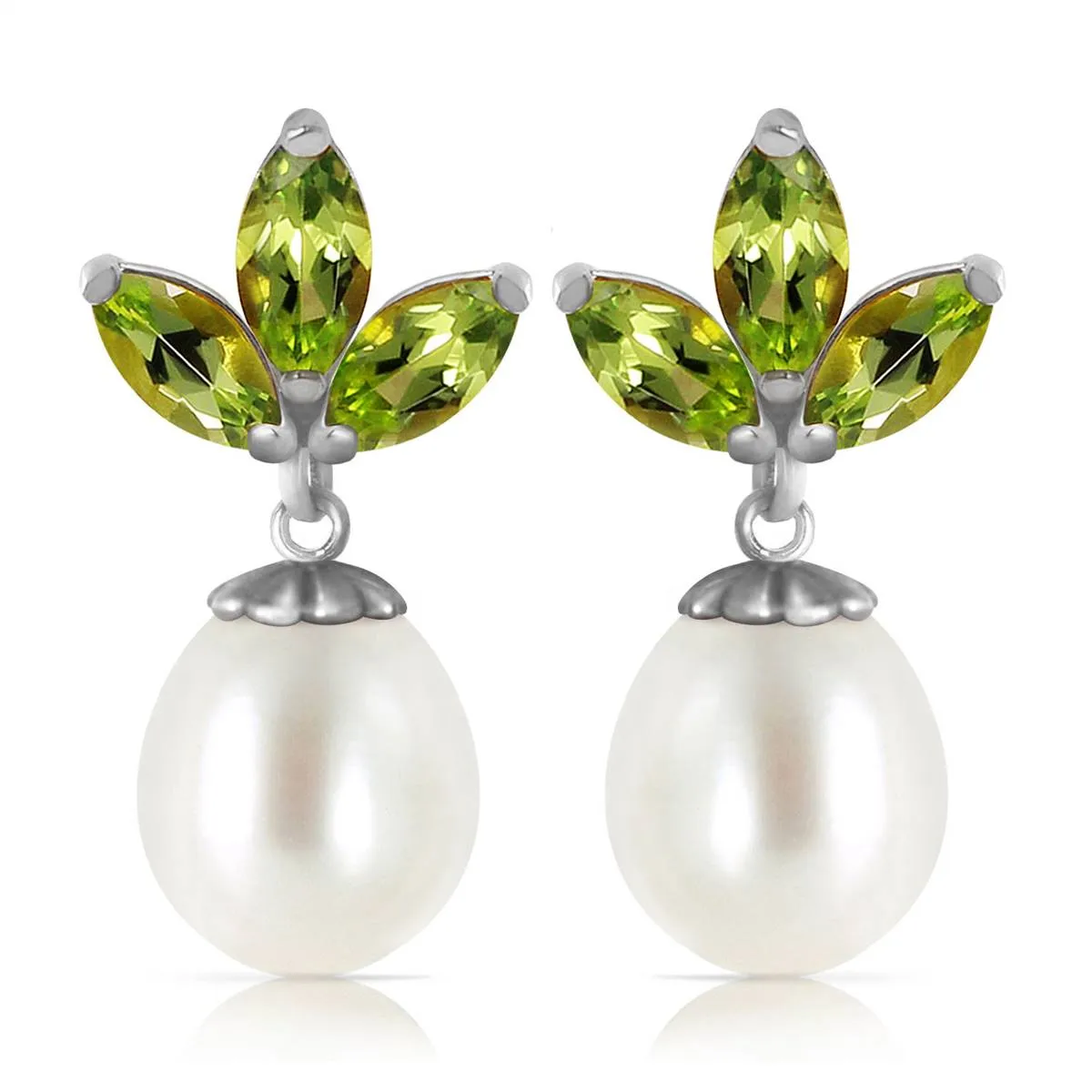 9.5 Carat 14K Solid White Gold Dangling Earrings Pearl Peridot