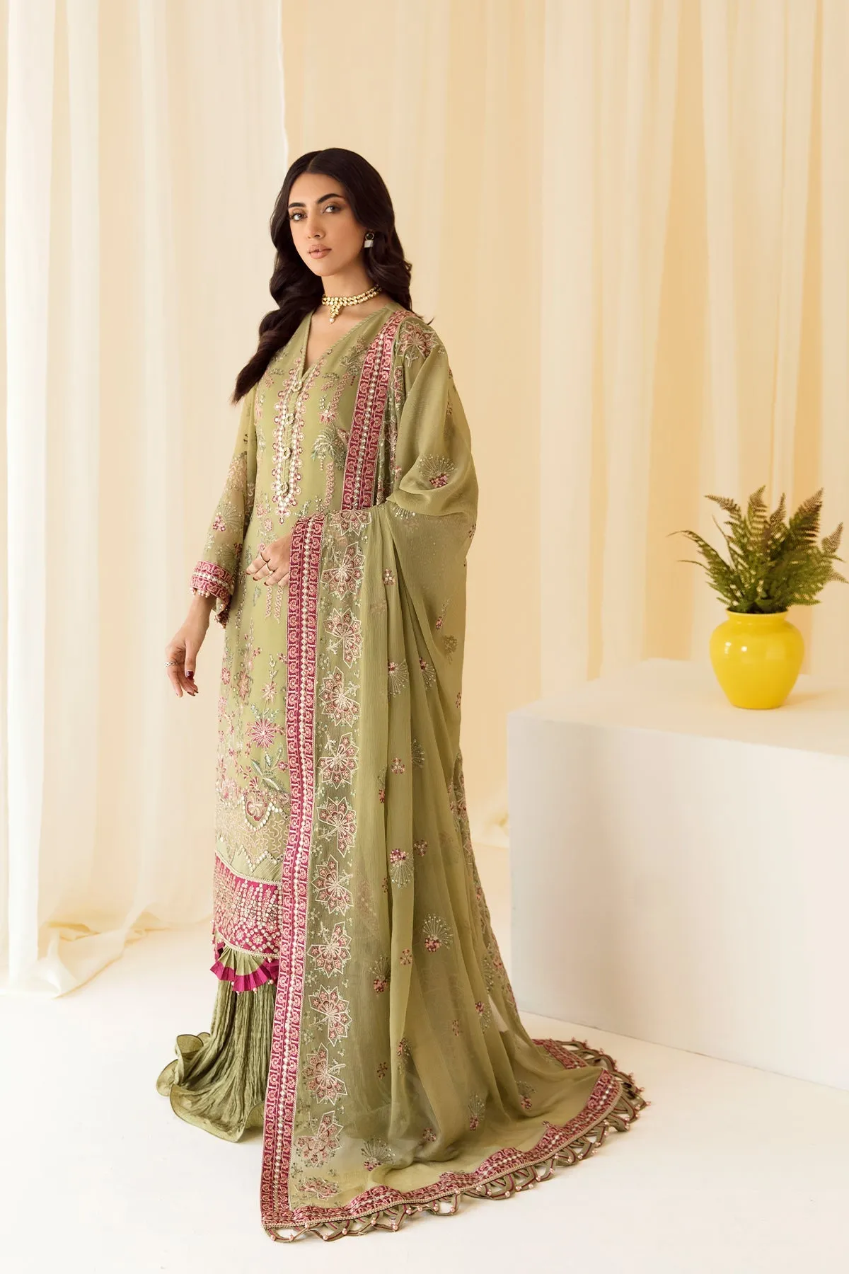 Alizeh Rang-e-Mehr Formal Collection – Embroidered Chiffon Pistachio - V14D04