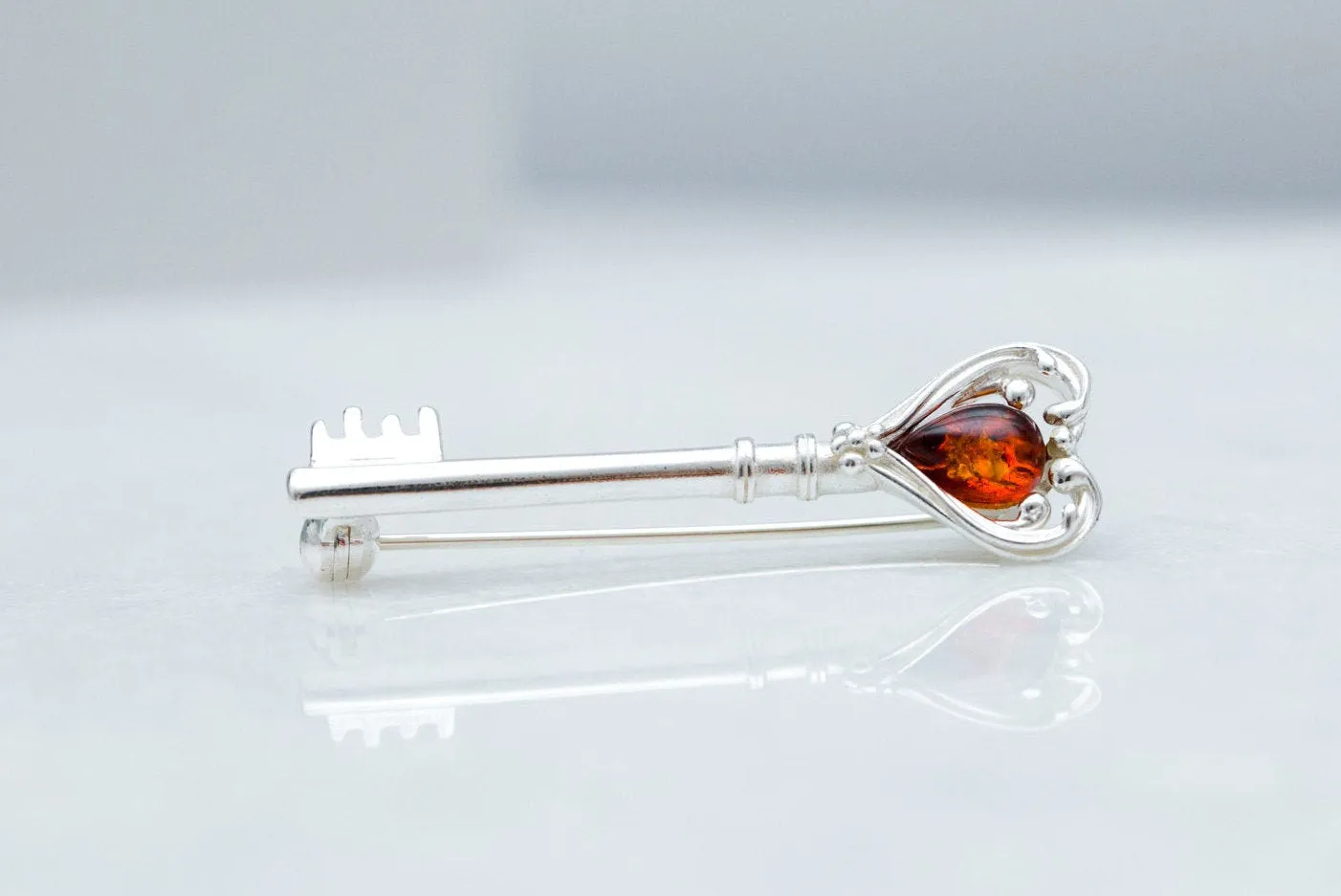 Amber Love Heart Key Brooch