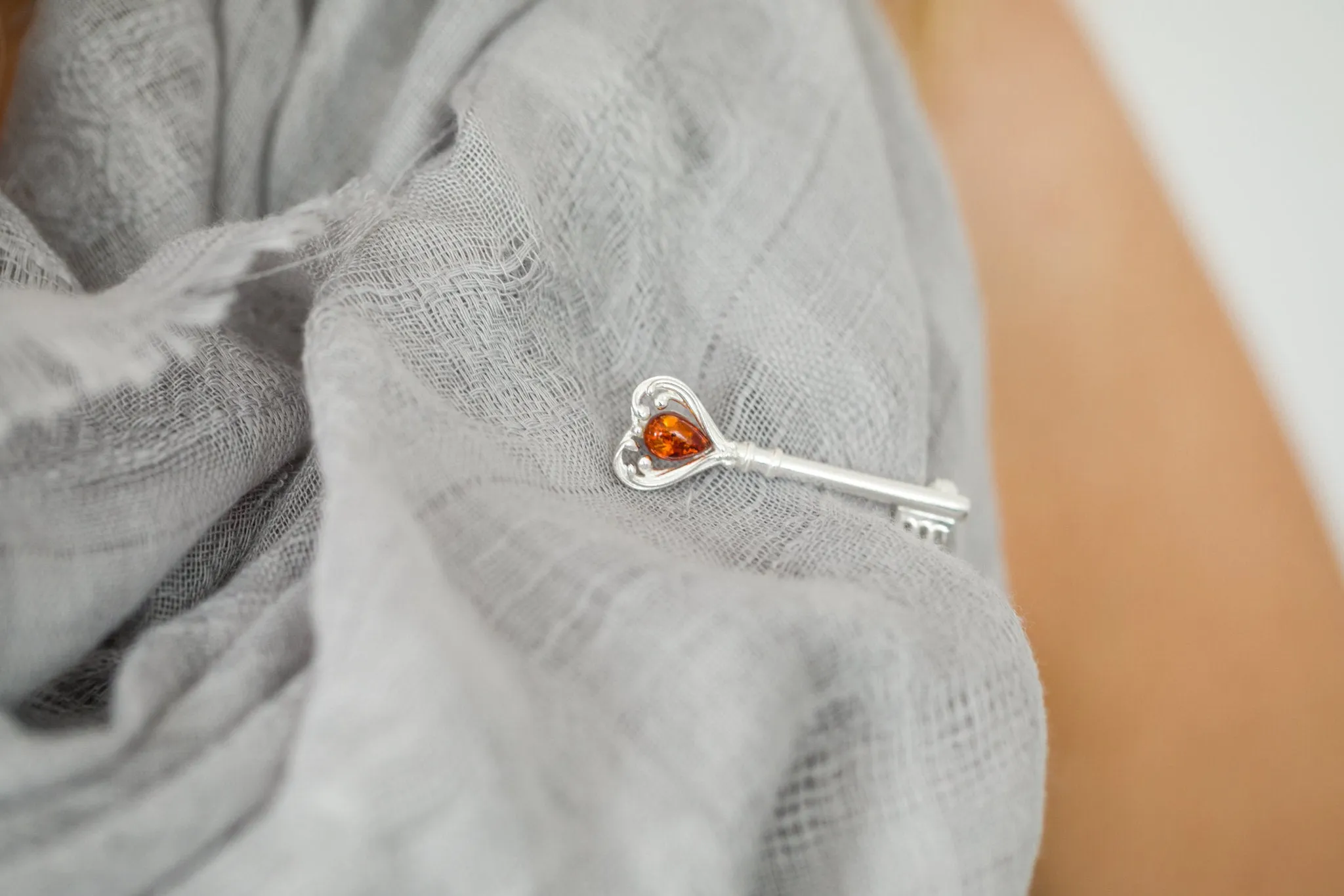 Amber Love Heart Key Brooch