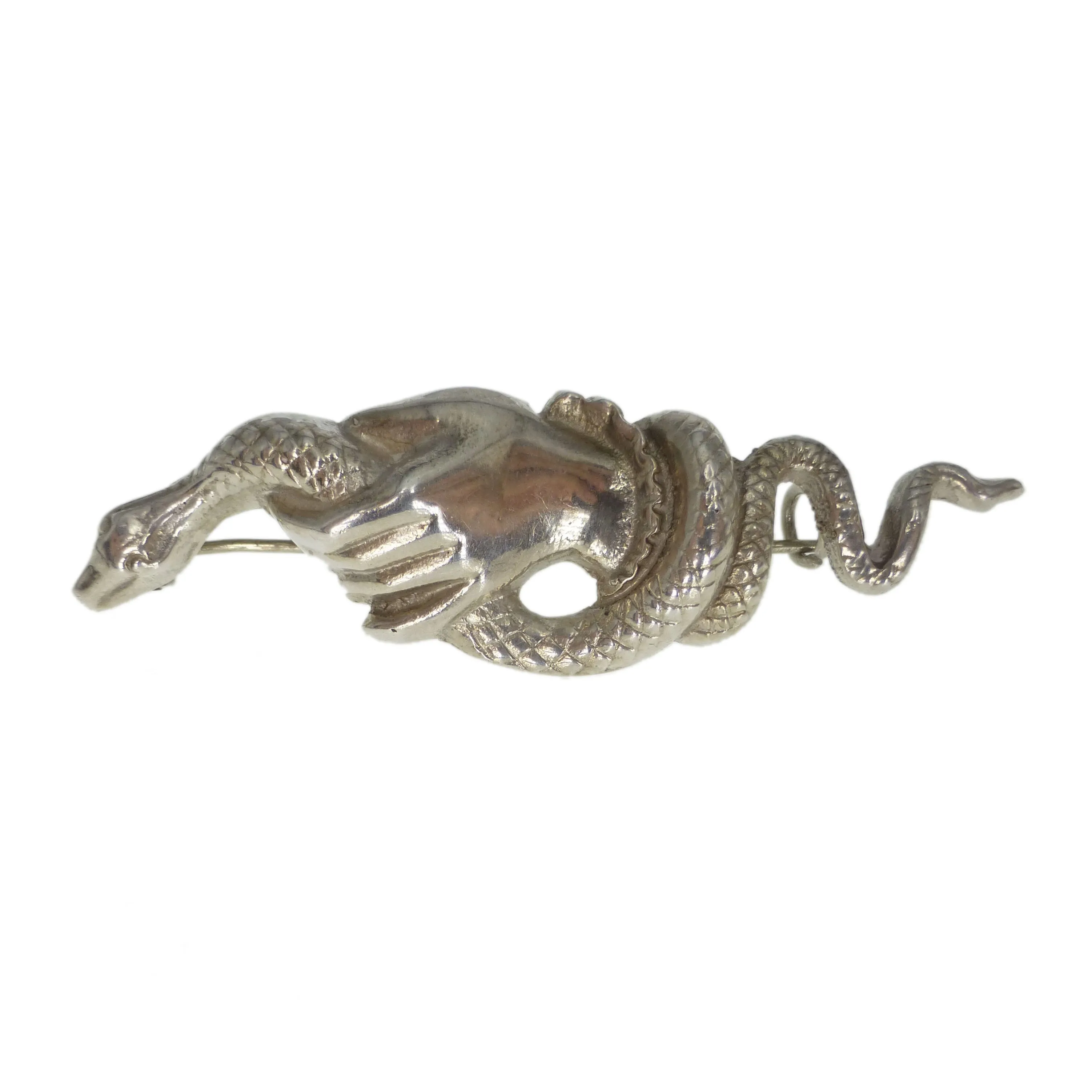 Antique Victorian Silver Symbolic Snake In Hand Brooch