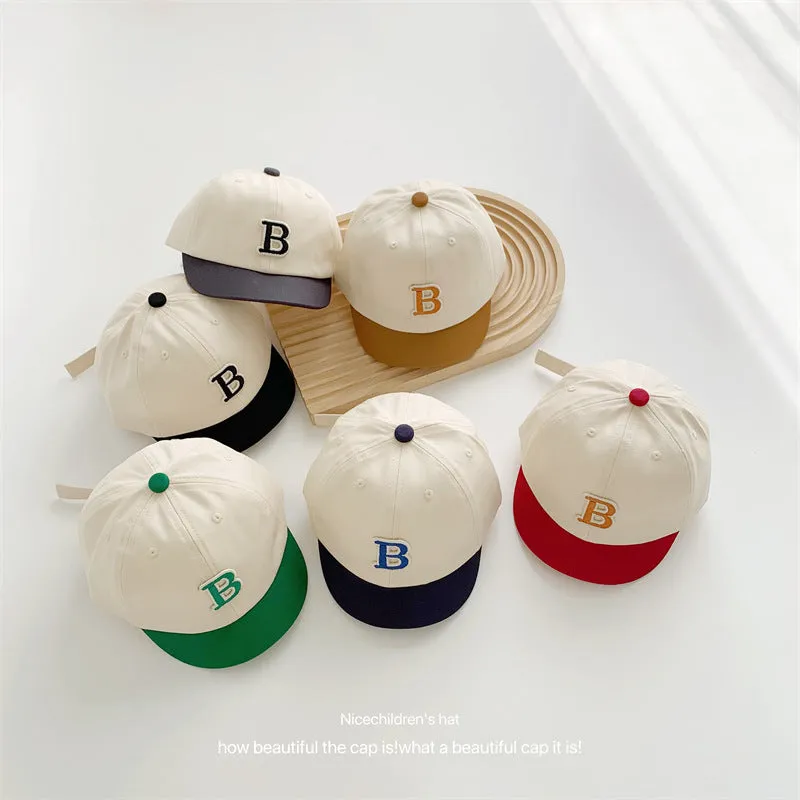 B letter short brim color block children's baseball cap washed soft top children's peaked cap summer casual boy's sun hat