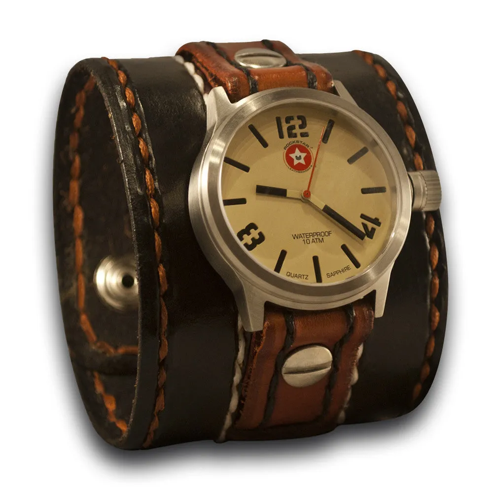 Black & Tan Leather Cuff Watch - 42mm Stainless/Sapphire