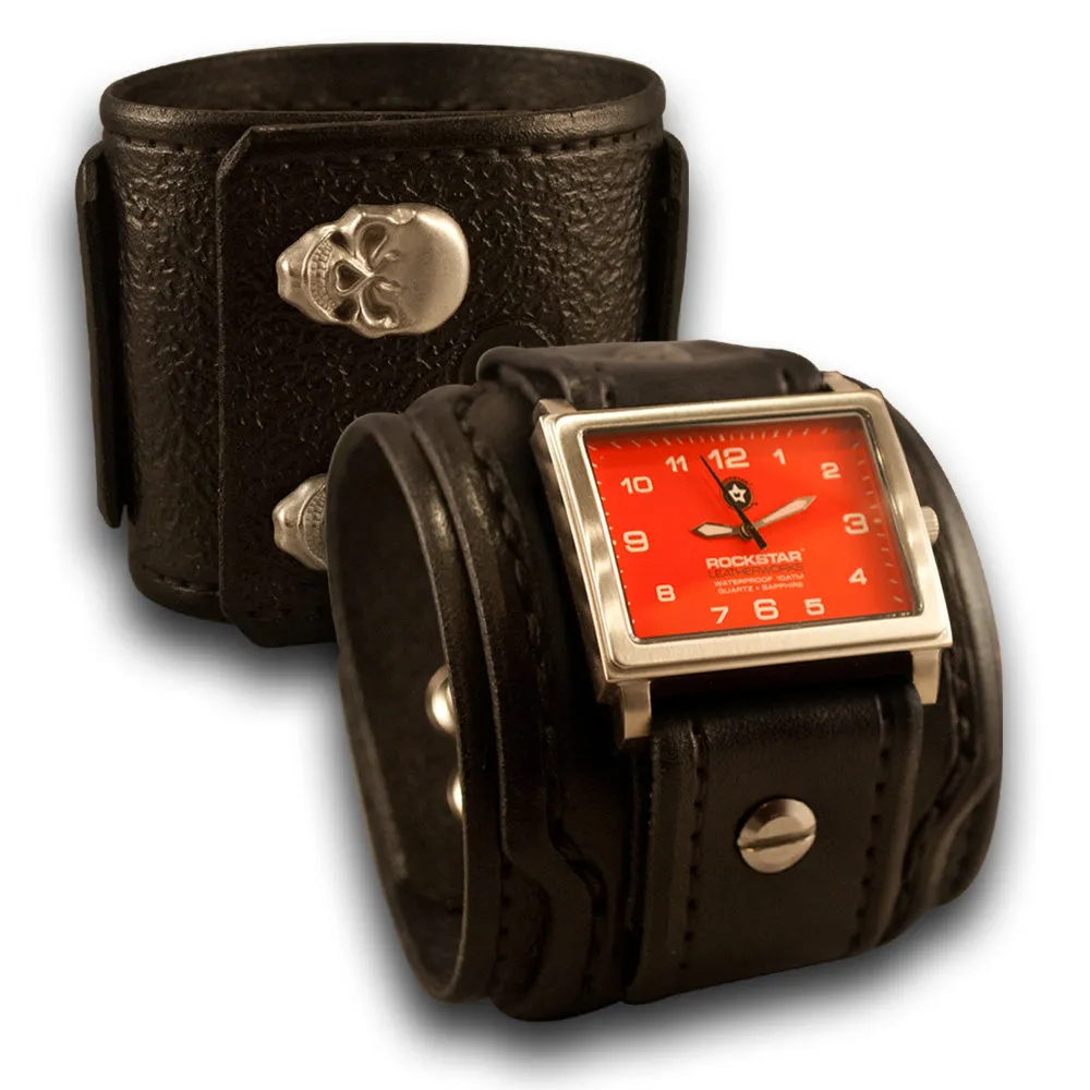 Black Layered Leather Cuff Watch with Red 42mm & Skull Snaps