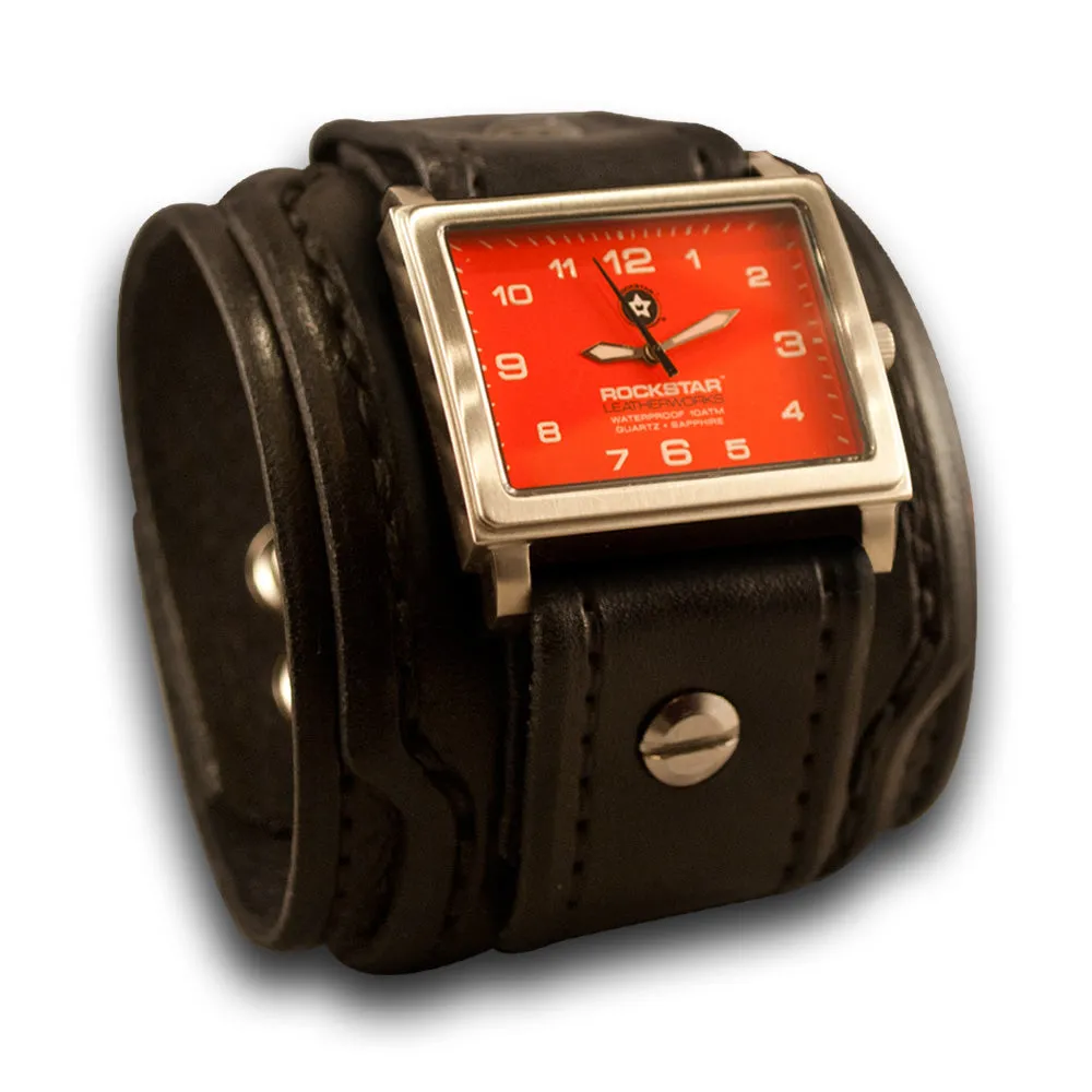 Black Layered Leather Cuff Watch with Red 42mm & Skull Snaps