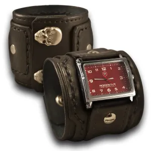 Black Layered Leather Cuff Watch with Skull Snaps