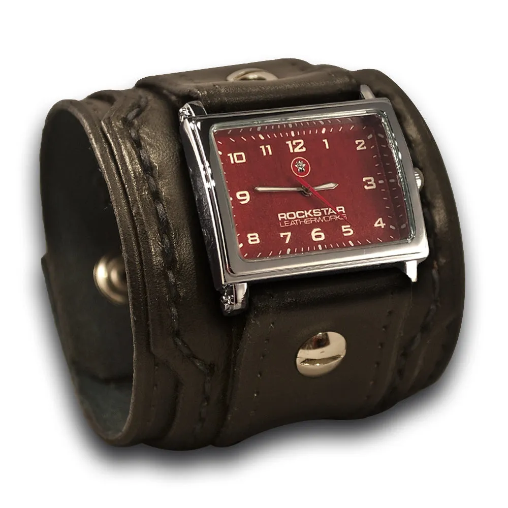 Black Layered Leather Cuff Watch with Skull Snaps