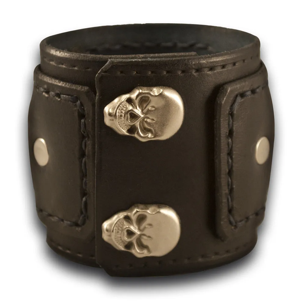 Black Layered Leather Cuff Watch with Skull Snaps