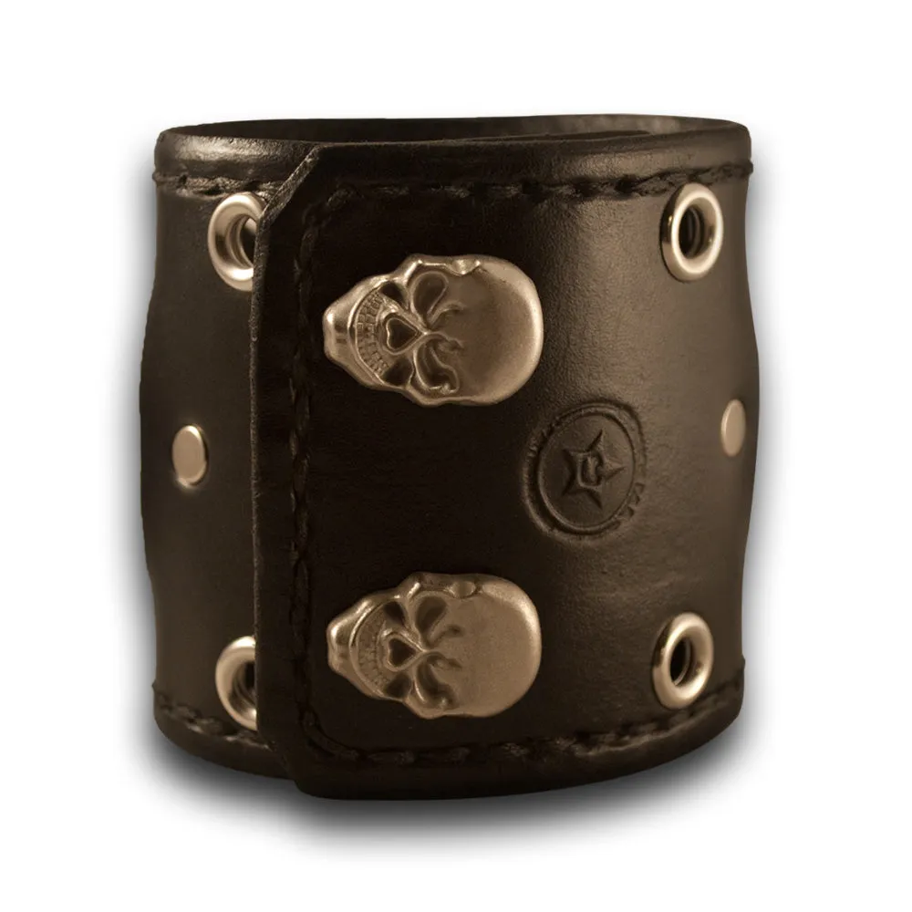 Black Leather Cuff Watch - 42mm Stainless, Eyelets & Skull Snaps