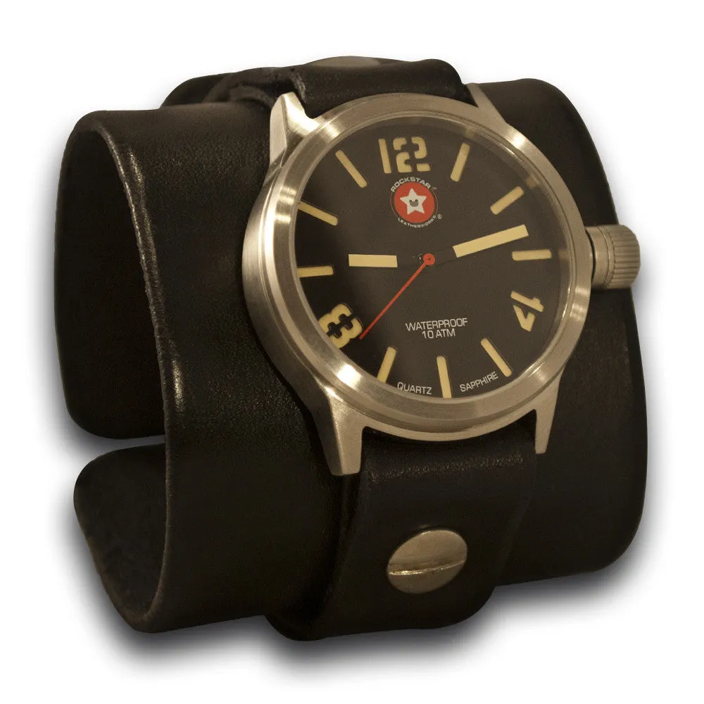 Black Leather Cuff Watch - Stainless 42mm, Sapphire, 10ATM