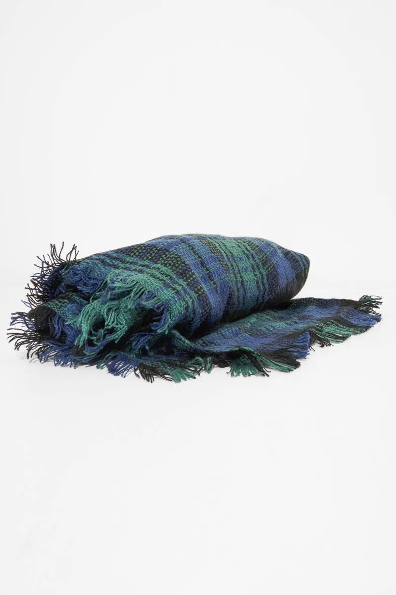 Blue Green Tartan Fringe Hem Scarf - Liany