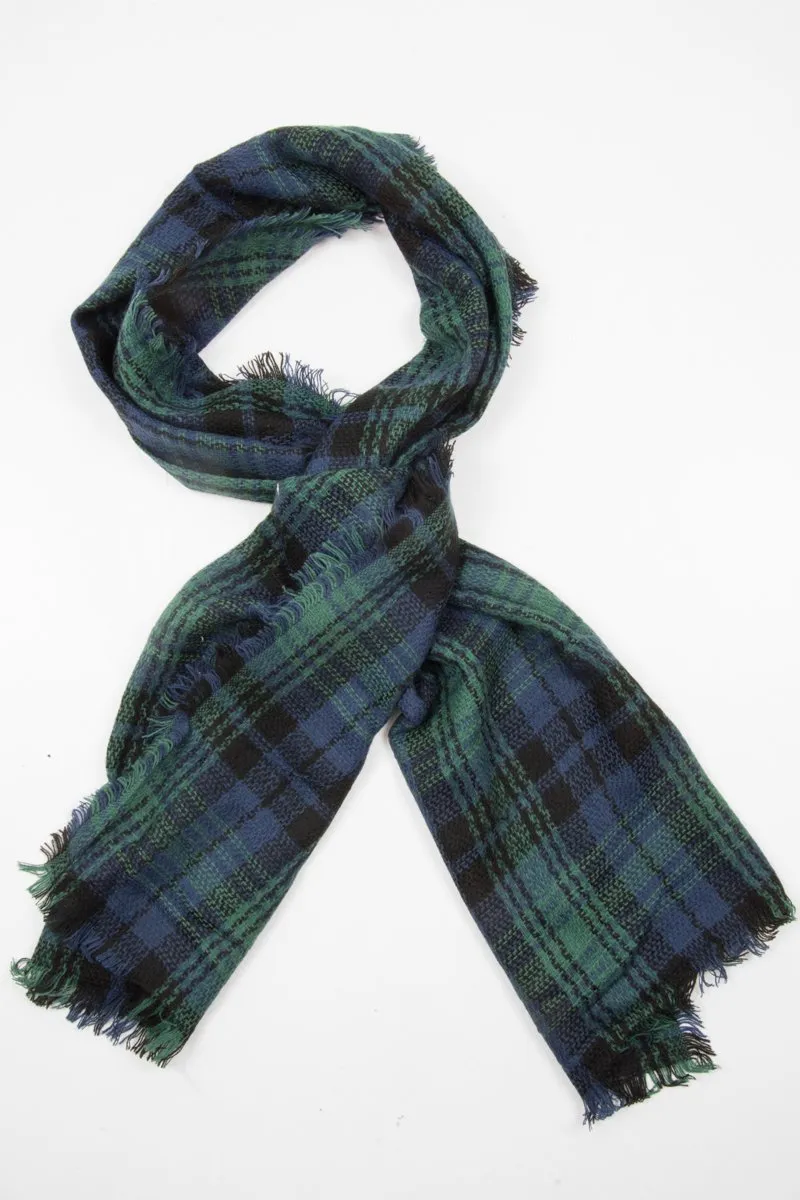 Blue Green Tartan Fringe Hem Scarf - Liany