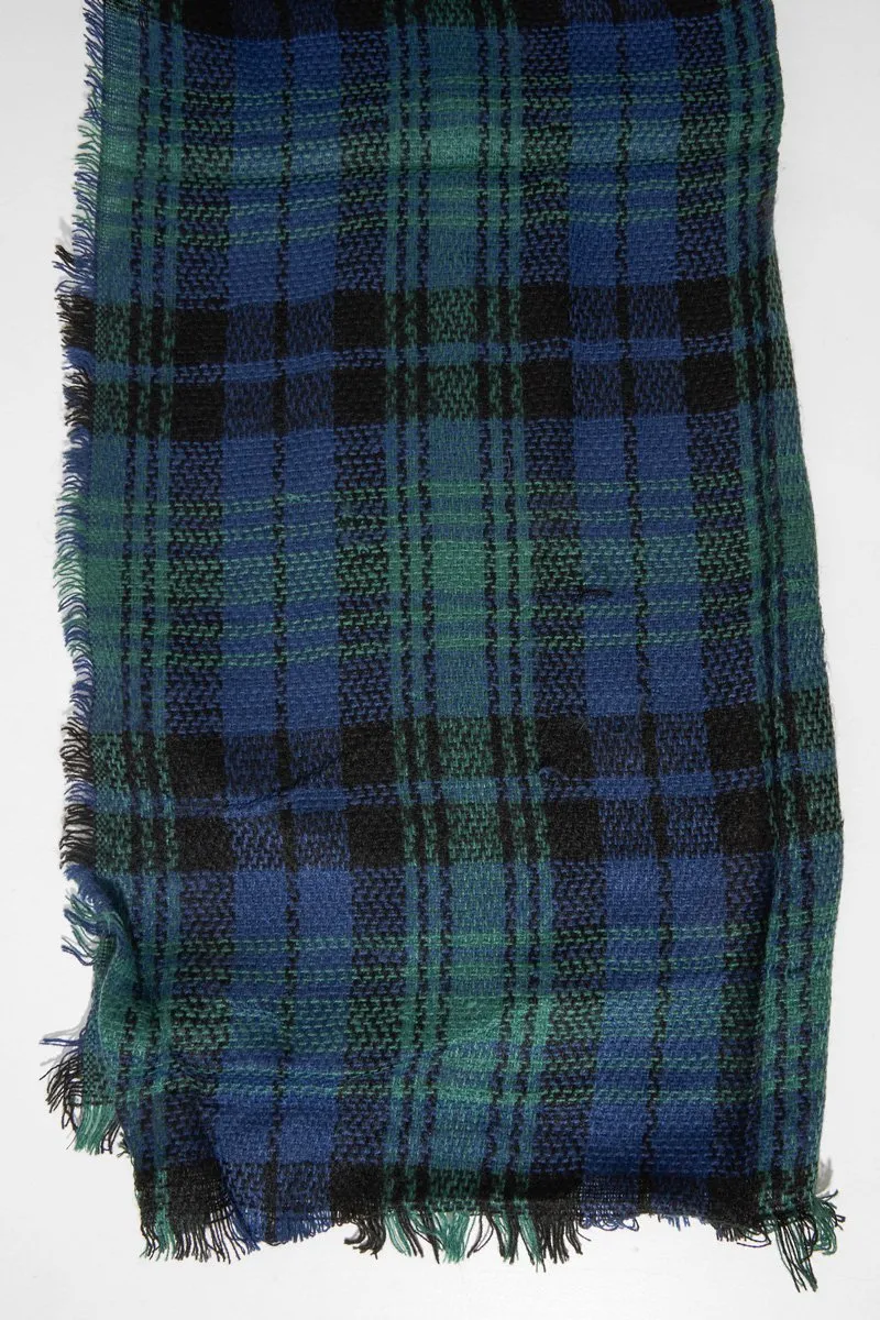 Blue Green Tartan Fringe Hem Scarf - Liany