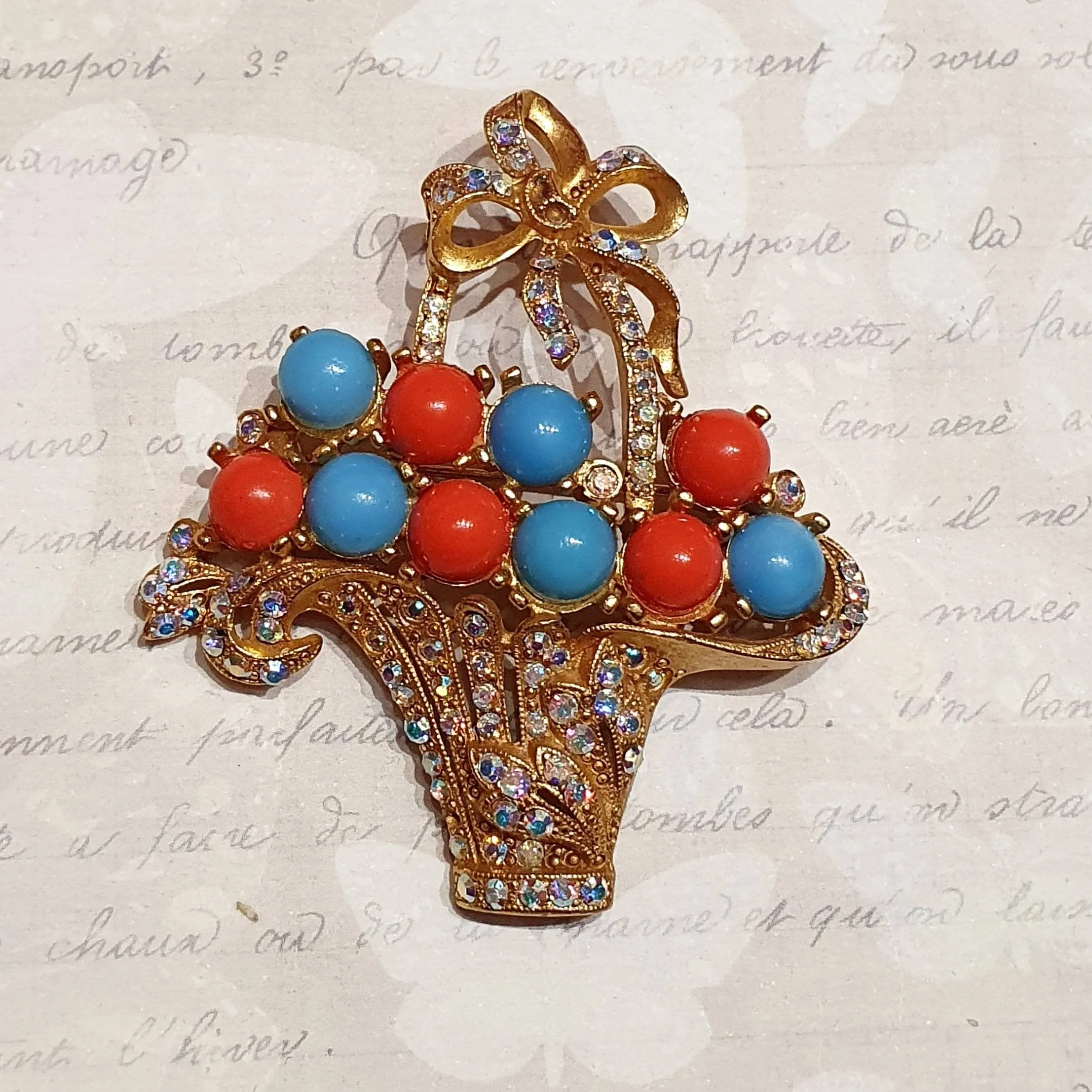 Butler & Wilson Brooch Basket of Swarovski Crystal flowers Coral Turquoise Glass