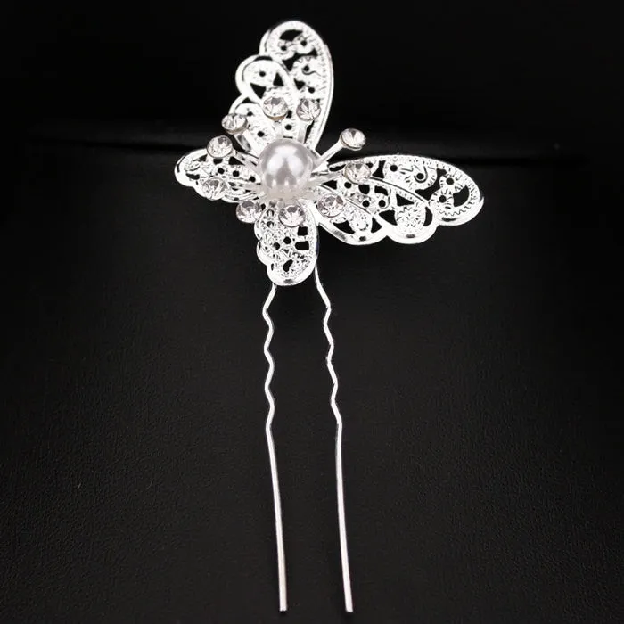 Butterfly Hair Pins - Silver with Simulated Pearl-Hair Jewelry - Accessories for Brides or Quinceañeras