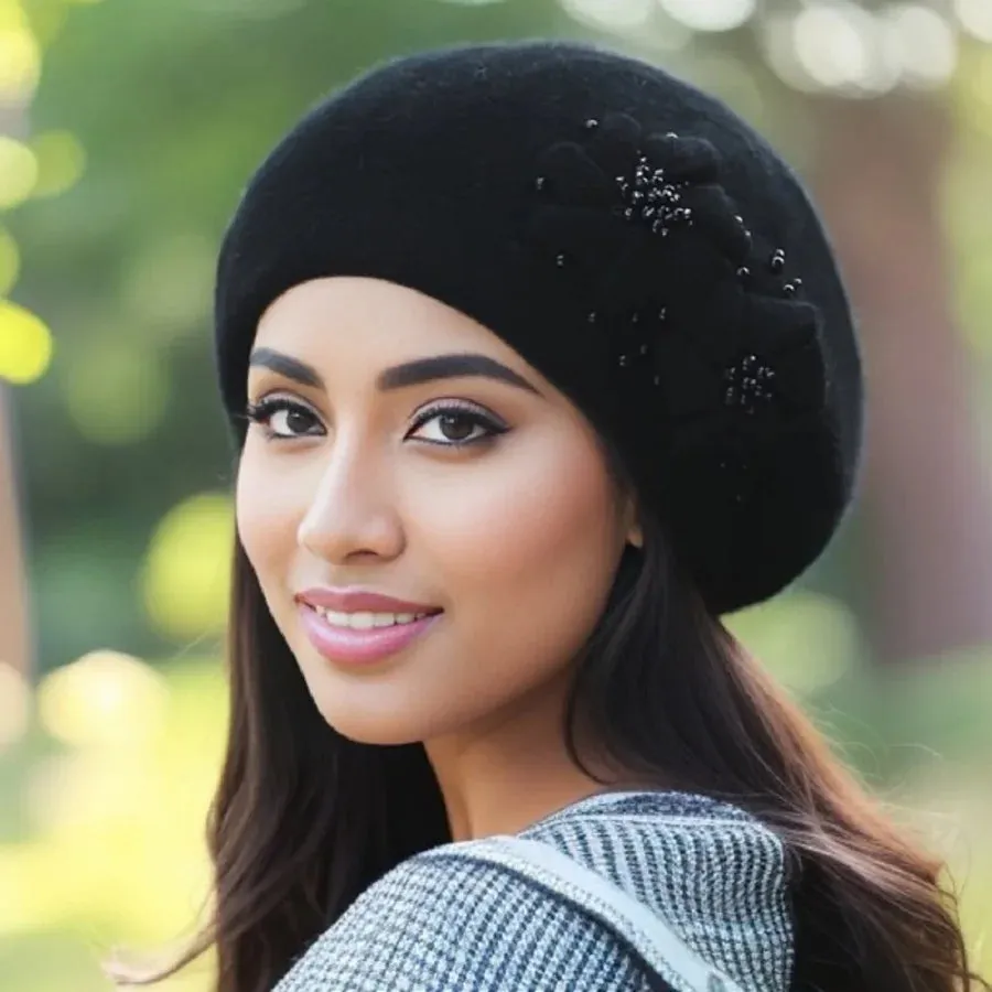 Cashmere Rabbit Wool Knitted Pearl Beret Hat for Women