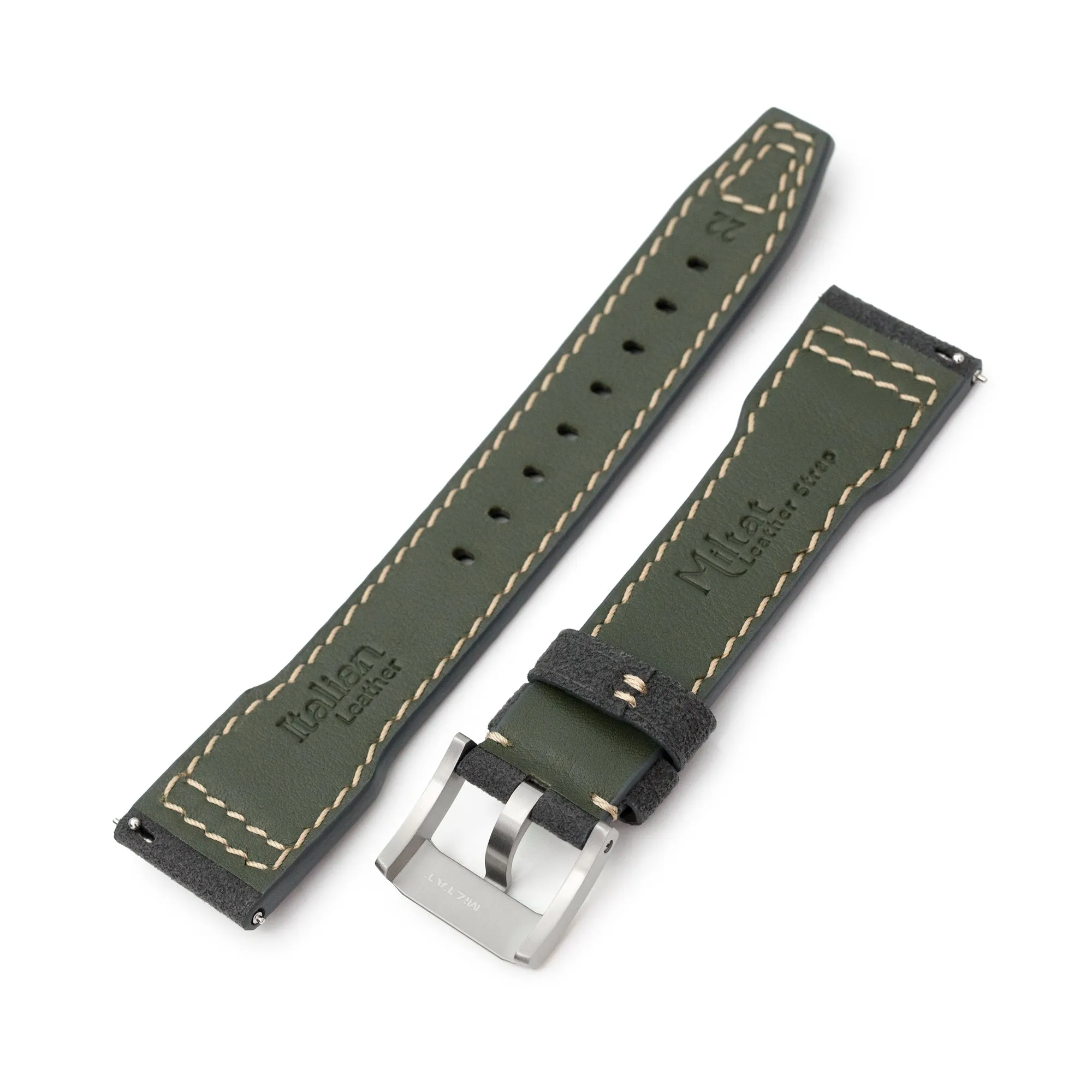 Charcoal Black Alcantara Fabric Quick Release Watch Band, Beige Stitch.