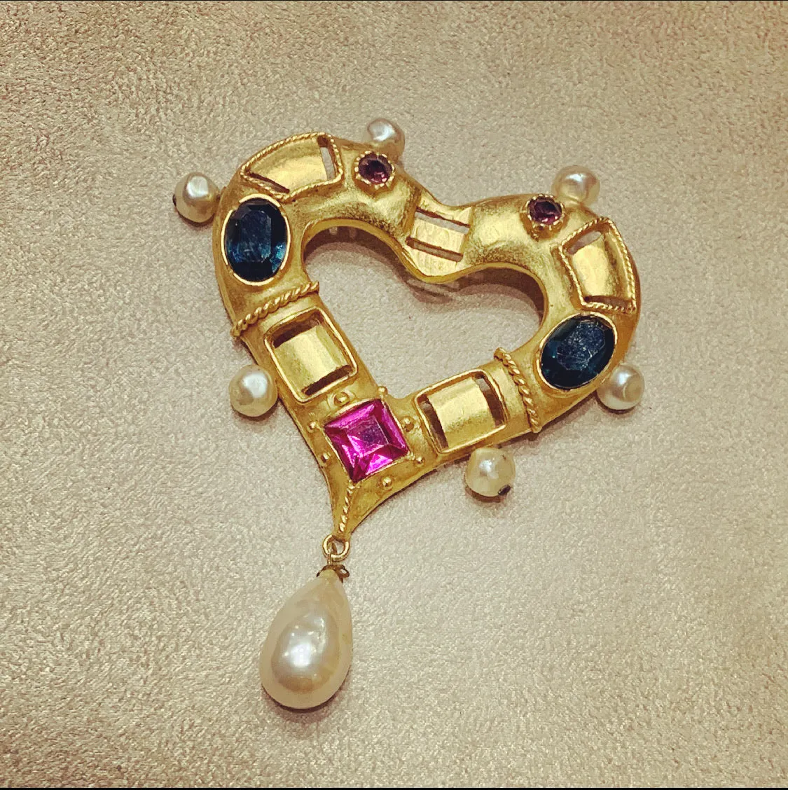 Christian Lacroix Large Gold Vintage Heart brooch with pearl drop