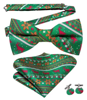 Christmas Green Novelty Pre-tied Bow Tie Hanky Cufflinks Set