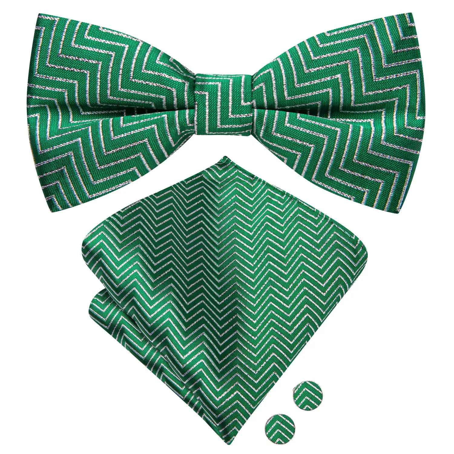 Christmas Green White Novelty Pre-tied Bow Tie Hanky Cufflinks Set