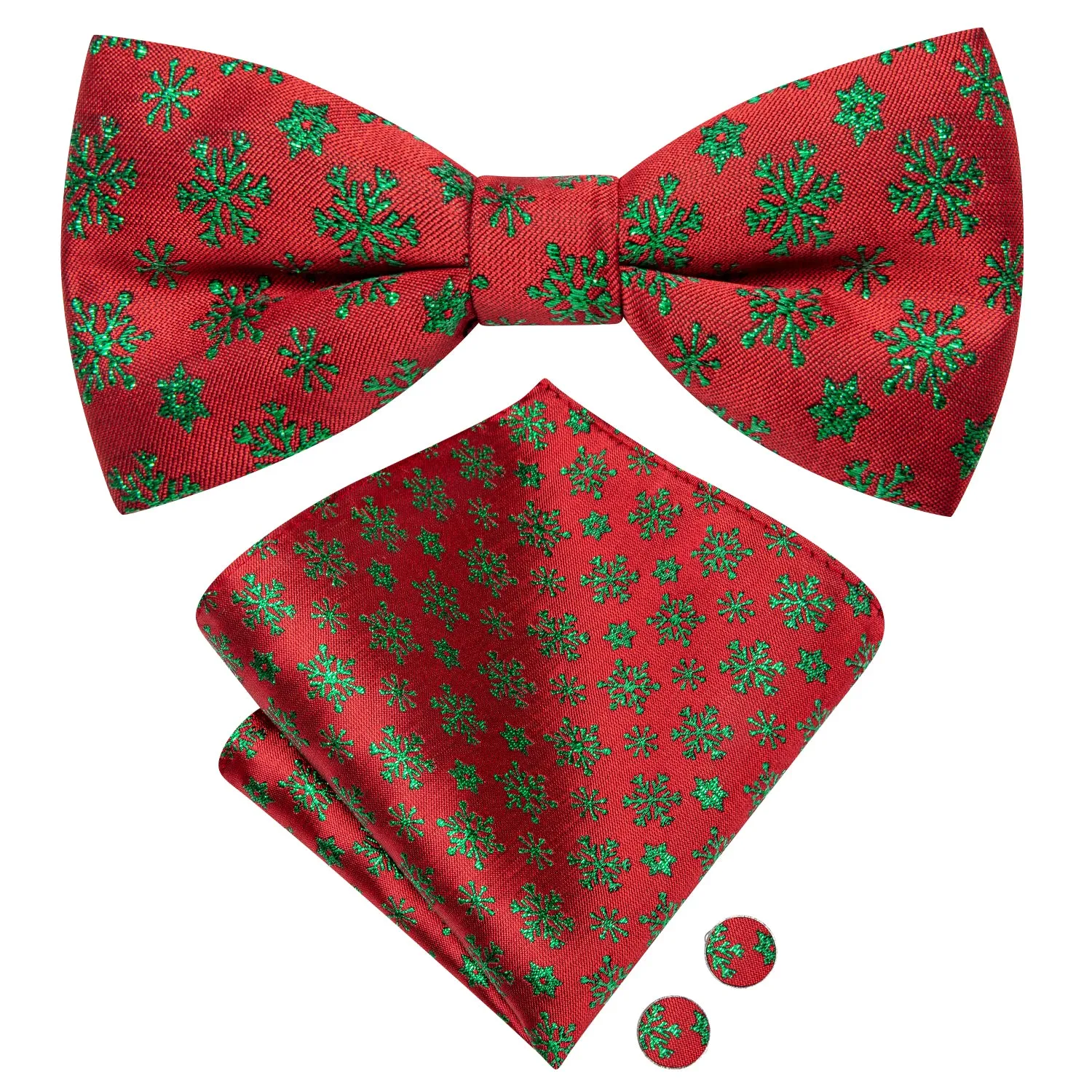 Christmas Red Green Snowflakes Pre-tied Bow Tie Hanky Cufflinks Set