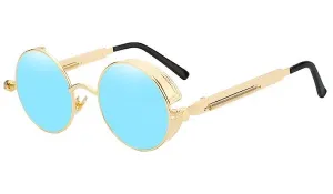 Classy Men Blue Gold Round Vintage Sunglasses