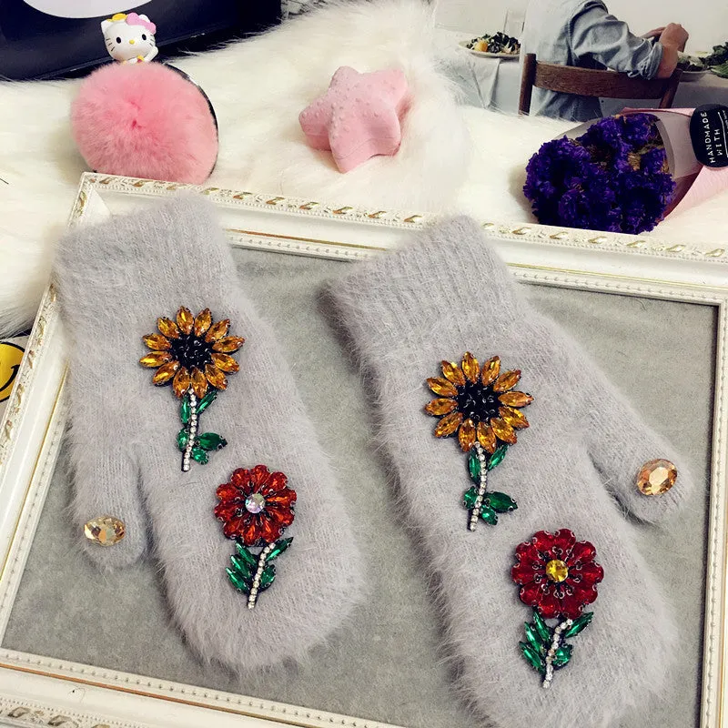 Colorful Crystal Flower Design Wrist Mittens