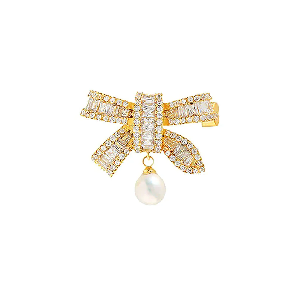 Copper Multi-Diamond Luxury Pearl Bow Brooch