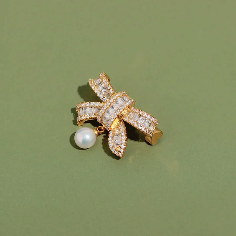 Copper Multi-Diamond Luxury Pearl Bow Brooch