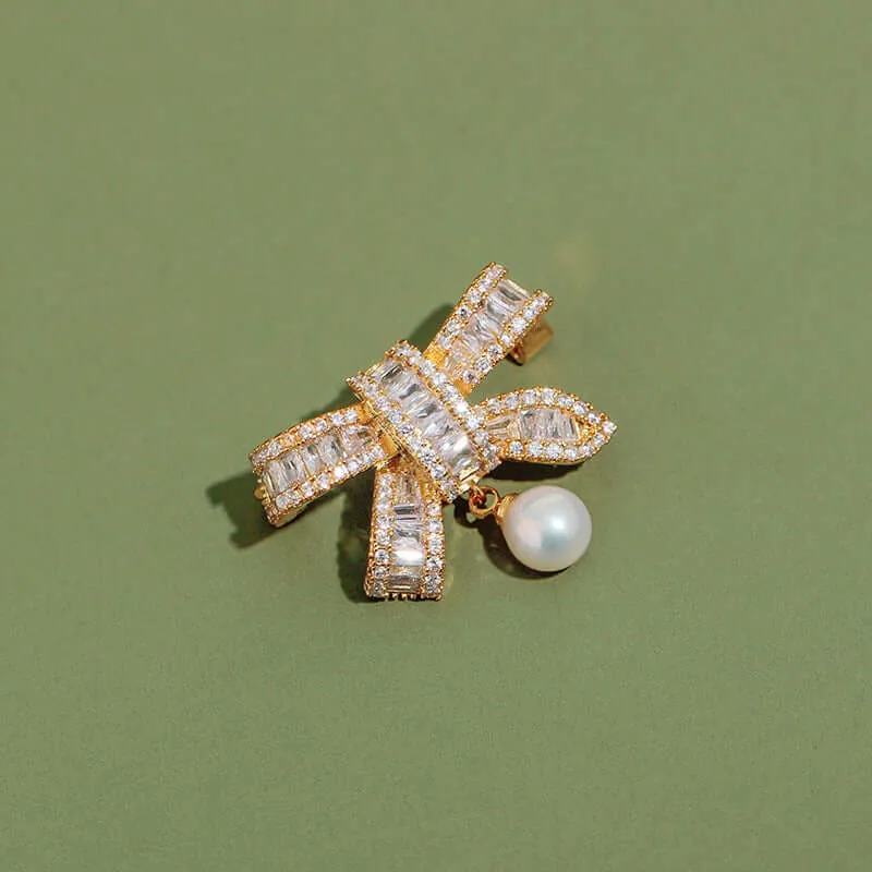 Copper Multi-Diamond Luxury Pearl Bow Brooch