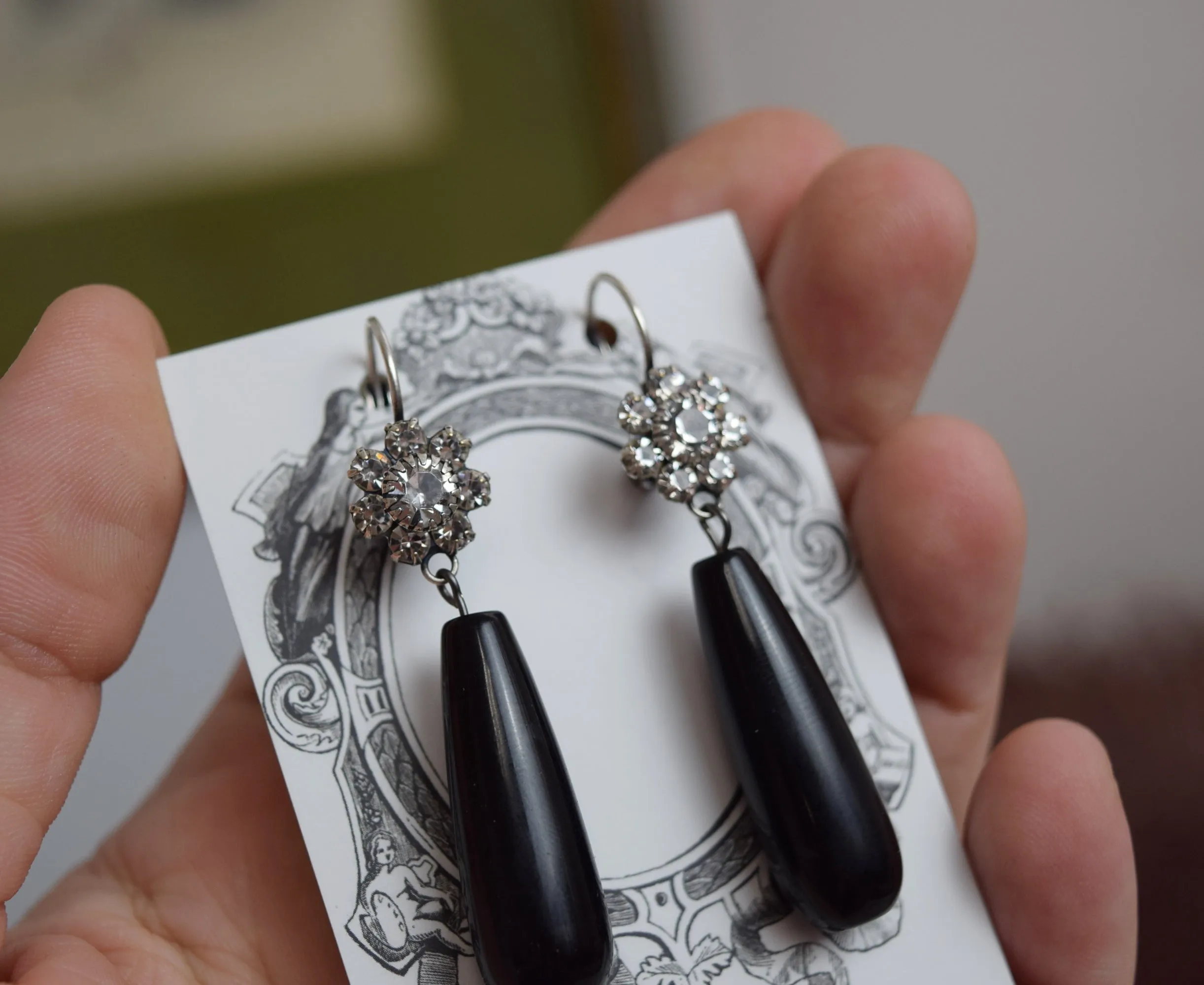 Crystal Cluster and Onyx Earrings