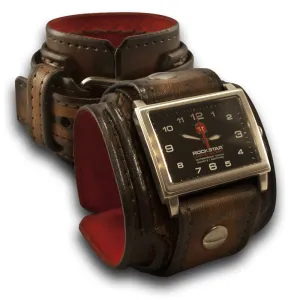 Dark Brown Layered Leather Cuff Watch with 42mm Stainless Watch