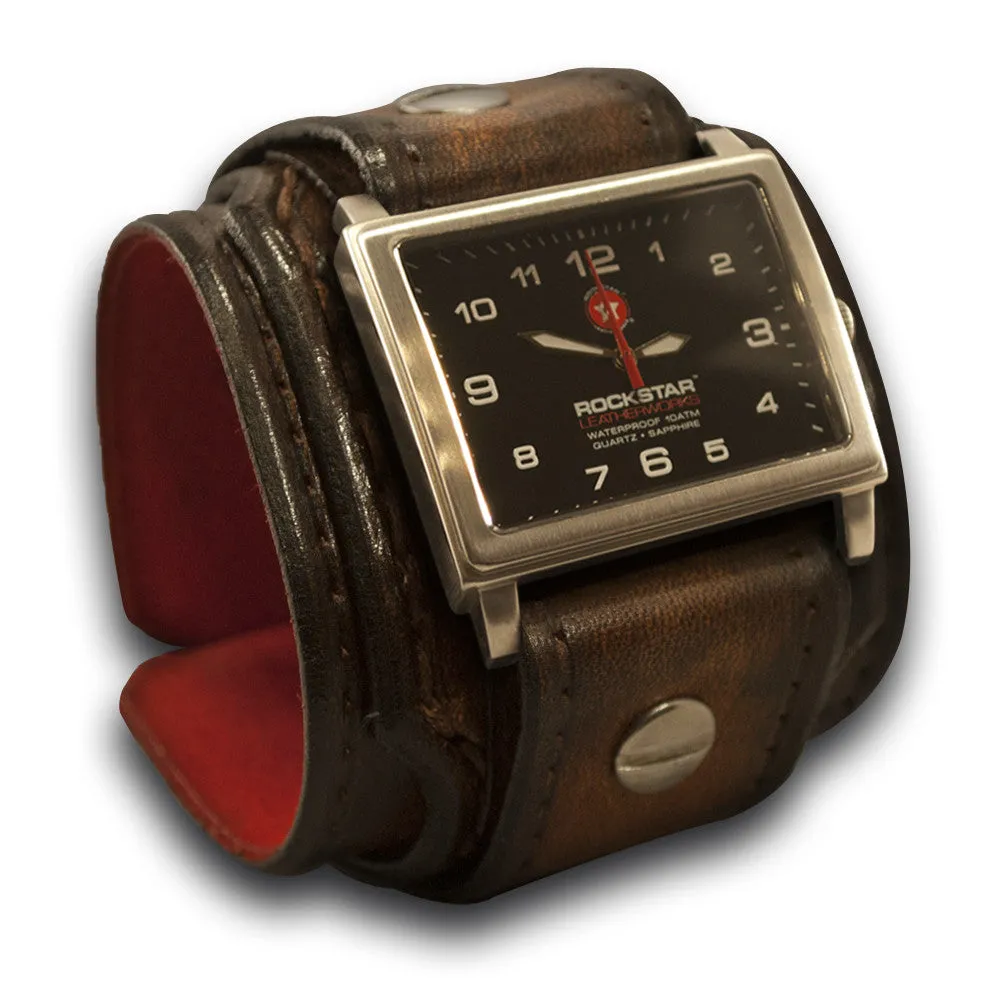 Dark Brown Layered Leather Cuff Watch with 42mm Stainless Watch