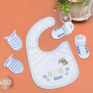 Embroidered Sheep Newborn Feeding Bib Mittens Socks Matching GIft Set Of 3 Bibs & Socks - Multicolour