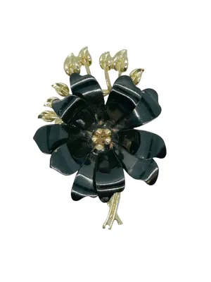 Enchanting Black Enamel and Gold Vintage Flower Brooch by Coro