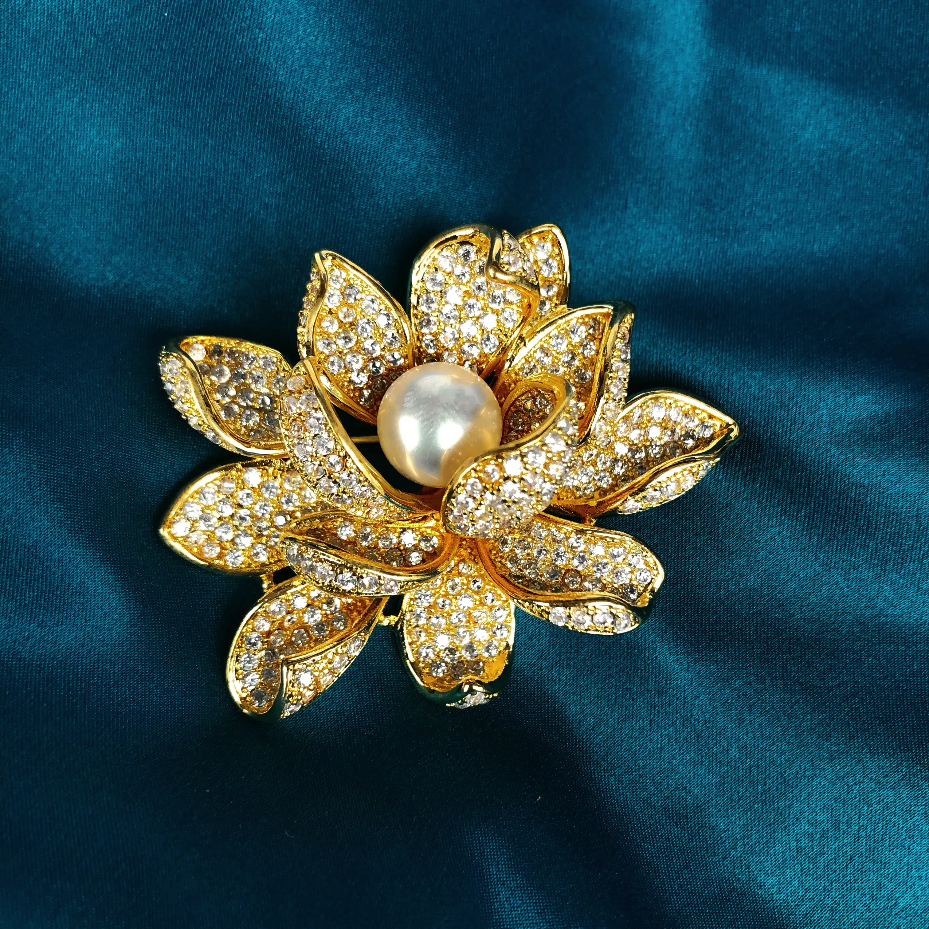 Gold Plated Lotus Zircon Brooch Pendant